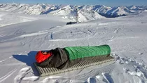 Marcus Baranow using Xero half bag in Wapta Icefields, Canada. Temps were -20C at this open air camp.